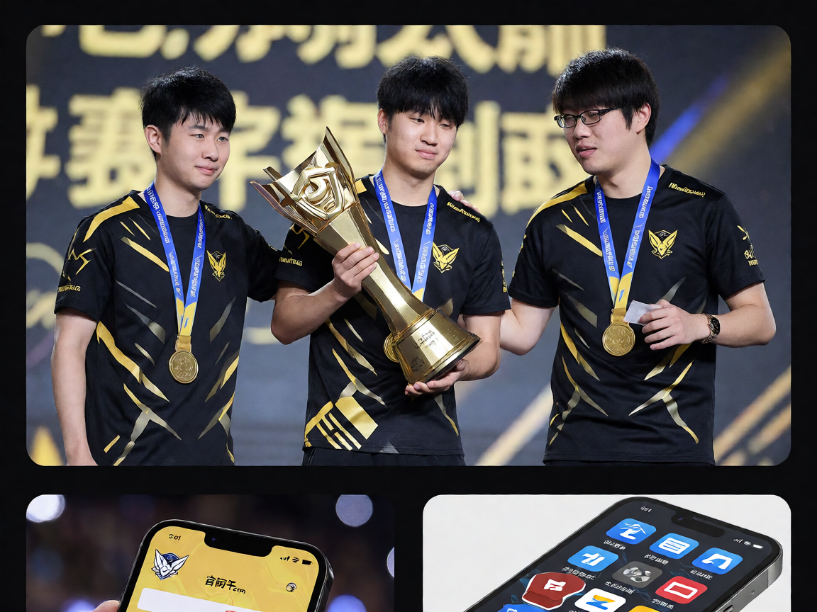 电竞冠军颁奖仪式，选手与奖杯的荣耀时刻